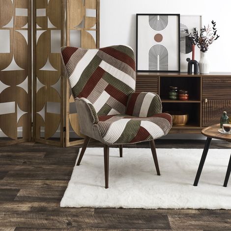 The Home Deco Factory – Fauteuil club patchwork côtelé multicolore – Dossier haut et assise généreuse – Confort optimal pour salon ou coin lecture
