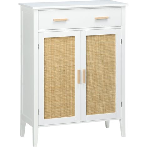 Schuhaufbewahrung mit 2 Rattan-Türen und einer Schublade, Maße 80 x 35 x 110 cm, Farbe: Weiß