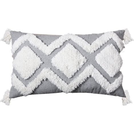 Housse de Coussin Bohème Tissée à Franges, Style Gris/Blanc, Coton, (Gris sur Blanc, 30x50 cm)