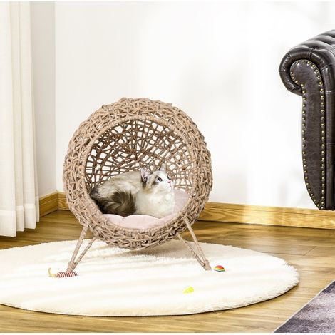 Katzenhaus 52x52x58 cm aus braunem Rattan mit Kissen, stabil – MEUBLIV (1/5)