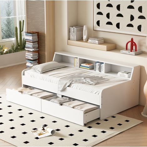 MEUBLIV Lit 90x200 cm blanc – 2 tiroirs et niches de rangement, sans matelas (1/5)
