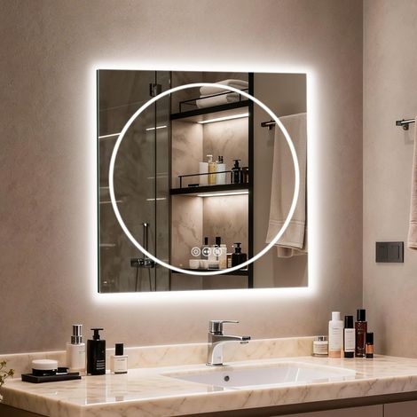 Miroir de Salle de Bain avec éclairage, 70 x 70 cm, Miroir Mural et Interrupteur Tactile, IP65 LED, avec Fonction mémoire, 3 températures de Couleur, Horizontale/Verticale, Verre trempé HD (1/5)