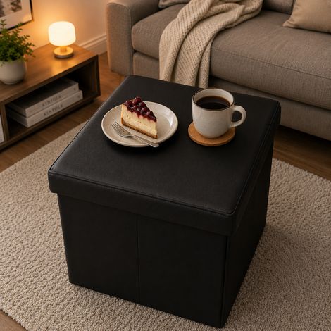 belviona Sitzhocker mit Stauraum, faltbare Aufbewahrungsbox mit gepolsterter Sitzfläche, belastbar bis 300 kg, 38x38x38 cm, schwarz (1/5)