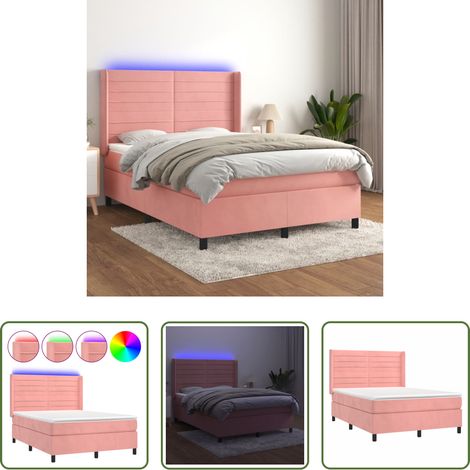 Matelas LED - Sommier à lattes de lit matelas et LED Rose 140x190 cm Velours (1/5)