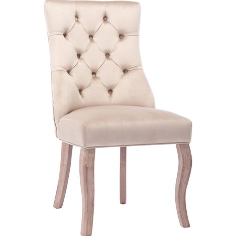 Chaise de salle à manger en velours beige avec dossier haut et pieds en bois massif, lot de 6 (1/5)