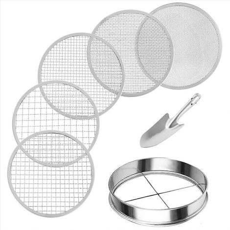 Ensemble de tamis à terre en acier inoxydable pour le jardinage, comprenant 5 tamis de 20 cm de diamètre (1/3/6/9/12 mm). (1/5)
