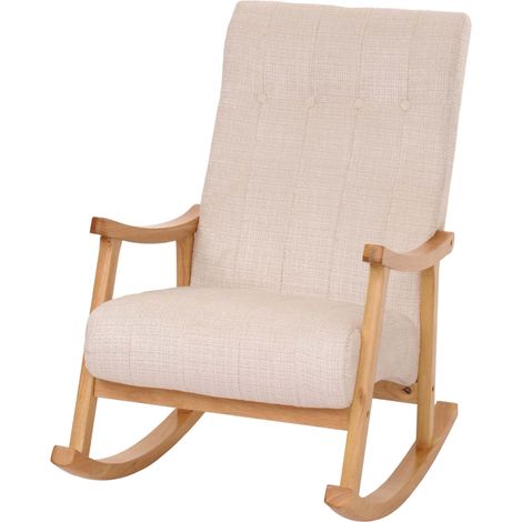 Fauteuil à bascule HWC-K10, fauteuil relax, bois MVG tissu/textile chenille (465g/m²) crème, piètement naturel (1/5)