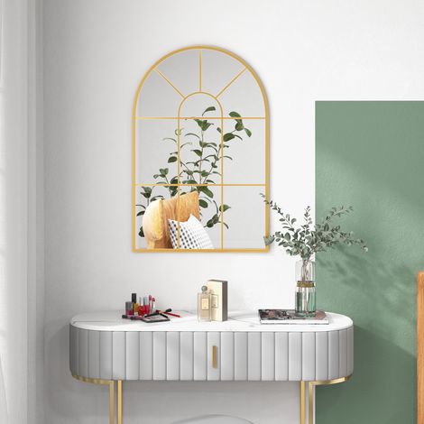 Dekorativer Wandspiegel 60 x 91 cm, Metall-Fensterspiegel für Wohnzimmer, Schlafzimmer, Eingangsbereich, moderner Stil, Gold