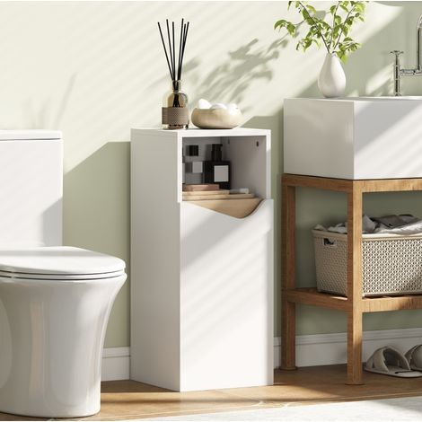 Meuble de rangement salle de bain 30x30x71,5 cm en bois blanc, étagères réglables – MEUBLIV (1/5)