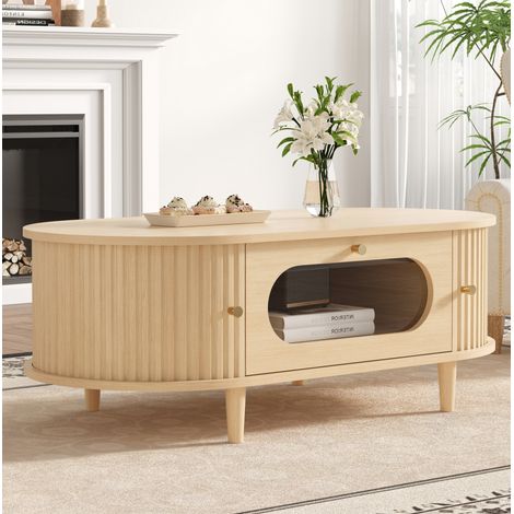 Mesa de centro 100x50x36 cm color roble en MDF con cajón, puertas enrollables y 4 patas (1/5)