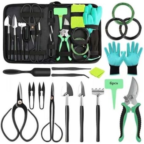 Kit Débutant Bonsaï 24 Pièces - Coffret Outils Professionnels avec Sac de Rangement (Mini Pelle, Truelle, Râteau + Gants) - Ensemble Jardinage Bonsaï Complet (1/4)