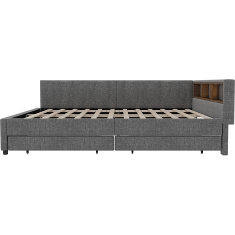 Lit banquette 140 x 200 cm en lin gris avec LED, USB-C, 2 tiroirs et sommier (1/5)