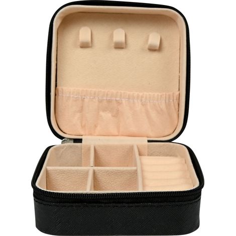 Boîte à bijoux de voyage, noire, 9,5 x 9,5 x 5 cm, petit étui de rangement pour bagues et colliers (1/5)