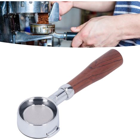 [Portafiltro para café] Portafiltro de aleación de aluminio, 2 asas, sin fondo, 58 mm, con filtro monoplano y mango de madera para cafeteras simétricas de 58 mm. (1/5)