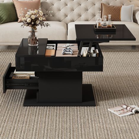 Table salon relevable 70 cm rangement caché 59 cm noir OKMYHOME (1/5)