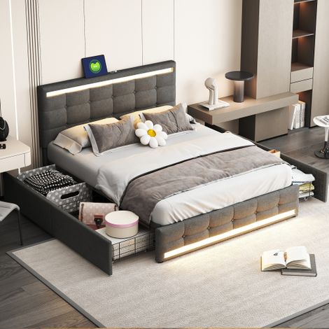 Lit capitonné en lin avec 4 tiroirs + LED et 2 ports USB + sommier à lattes - 140x200cm - lin - gris (1/5)