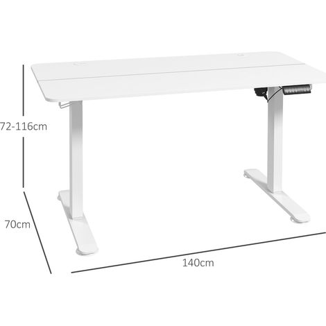 Bureau électrique assis-debout blanc 140x70cm, réglable en hauteur, design ergonomique avec 4 tiroirs à mémoire, crochets anti-choc, idéal pour ordinateur et travail à domicile. (1/5)