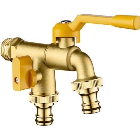 Double robinet de jardin - Double robinet d'écoulement - 1/2\" et 3/4\" - Double robinet à boisseau sphérique - Robinet extérieur pour citerne de pluie de jardin et système d'irrigation. 1/2 (1/5)