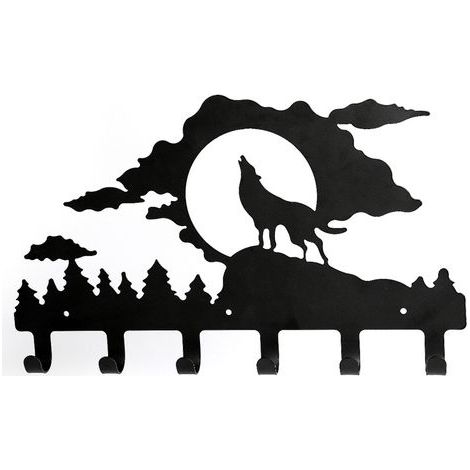 Déco Murale Patère Portemanteau Porte Manteau Murale Noir Crochet Déco Murale Métal Accroche Clef Porte Acier Organisateur Hanger Keys (A Wolf) (1/4)