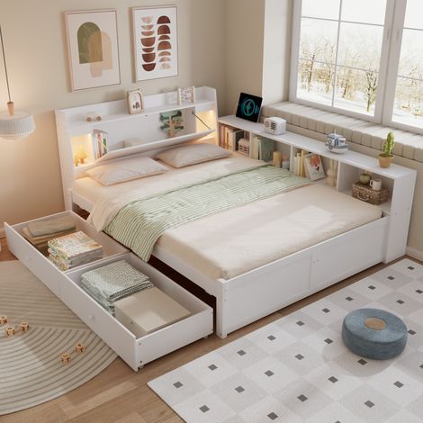 Cama doble con almacenaje y luces blancas 140x200 OKMYHOME (1/5)