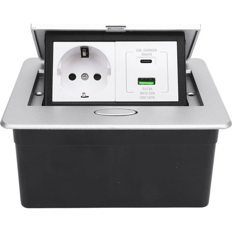 Multiprise encastrable à 2 broches avec ports USB A et C, charge rapide PD20W, idéale pour les bureaux, hôtels et écoles (couleur argent). (1/5)