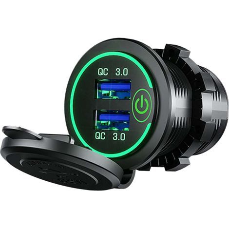 Chargeur voiture USB multi-ports QC3.0 charge rapide adaptateur allume-cigare vert pour camping-car bateau moto (1/5)