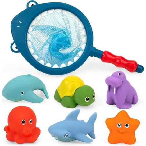 7 Pièces Jouet de Bain, Animaux Flottants, Filet de Pêche, pour Baignoire ou Piscine, Bébé (1/4)