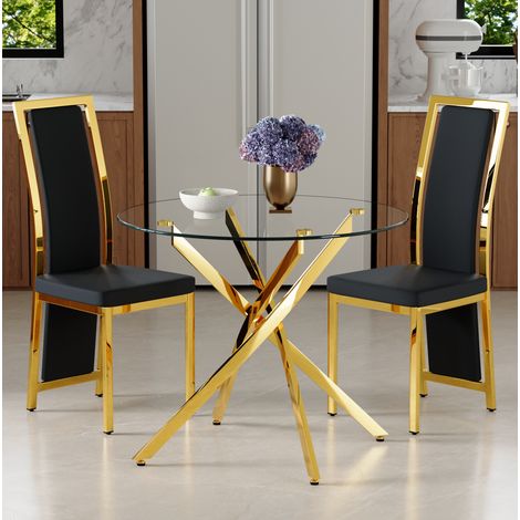 Ensemble repas 88x88x75 cm en verre trempé et métal noir et doré, pour petit espace – MEUBLIV (1/5)