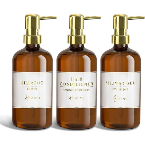 (Brun - Autre) Ensemble distributeur de savon ambré, flacons de shampoing, après-shampoing et gel douche avec étiquettes imperméables pour la décoration de la salle de bain (1/5)