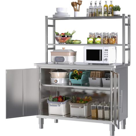 YODOLLA Stainless Steel Kitchen Storage Cabinet with 3-Tier Shelving, Freestanding Worktable & Upper Shelves