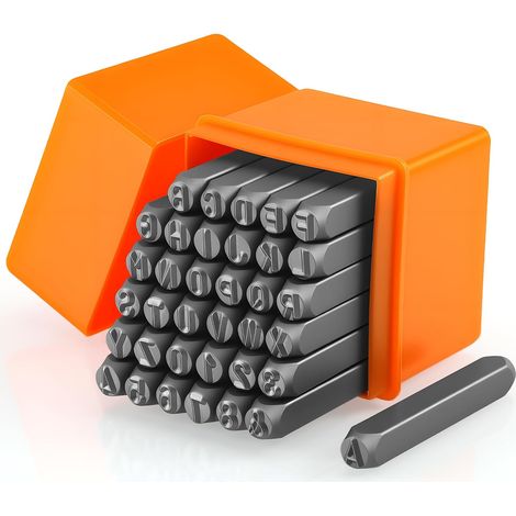 Set di 36 punzoni in metallo resistente da 6 mm con lettere e numeri (AZ, 0-9) per imprimere su metallo, plastica, legno e pelle. (1/5)