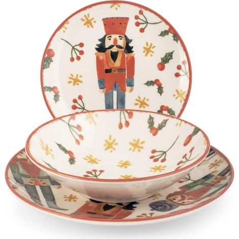Service de table 18 pièces en grès décoré. Comprend 6 assiettes plates de 26 cm, 6 assiettes creuses de 20,5 cm et 6 assiettes à dessert de 19,5 cm. Compatible lave-vaisselle et micro-ondes. (1/2)