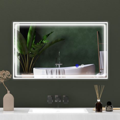 Miroir mural LED rectangulaire 100x60 cm, lumineux pour salle de bain, fixation horizontale ou verticale, éclairage intégré, design moderne. (1/5)