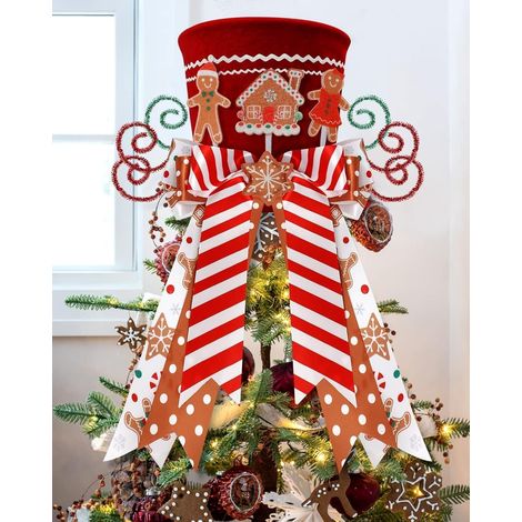 Cimier de Sapin de Noël, 25CM Grande Rouge Pointes de Sapin de Noëls Chapeau Haut avec Pain D'Épices et Ruban à Nœud Rayé pour Maison Noëls Vacances Hiver Fête Décor Bureau Ornements (1/5)