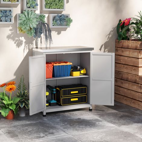 Meuble jardin bois gris 79x43x92 cm 2 portes OKMYHOME (1/5)
