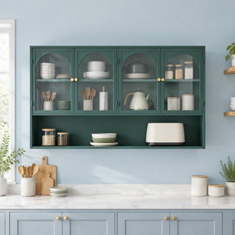 Armario metálico de pared con 4 puertas de cristal, 120 x 23 x 70 cm, verde oscuro, OKMYHOME (1/5)