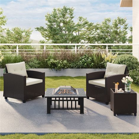 Yaheetech Set Mobili da Giardino 3 Pezzi in Rattan PE 2 Poltrone con Cuscini e Tavolino da Caffè Salotto Esterno per Balcone Terrazza Patio, Marrone e Beige