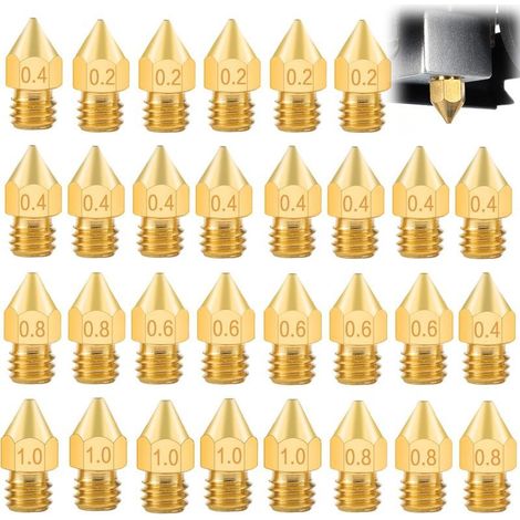 BRAVIX 3D-Druckerdüsen-Set, 30-teilig, 0,2 mm/0,4 mm/0,6 mm/0,8 mm/1,0 mm Messing MK8 Düse für 1,75 mm Filament, M6 3D-Druckerdüse (1/5)