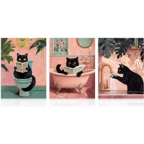 3 Pièces Set Décoration Murale Salle de Bain Coquette Rose, Affiches Rétro Chat Noir Lisant Dans Baignoire Rose Pour Toilette WC 30x40 Cm Sans Cadre (1/5)