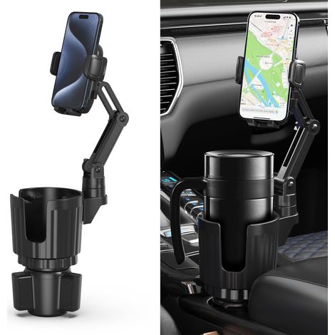 Supporto per telefono da auto, portabicchiere universale 2 in 1, base regolabile, con supporto per telefono, braccio lungo con portabicchiere girevole a 360°, supporto per telefono da auto, compatibil (1/5)
