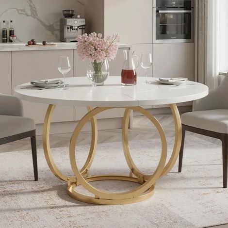 Runder weißer Tisch für 4 Personen, großer Küchentisch (119 cm) mit goldfarbenem Metallgestell, moderner Couchtisch für Küche, Esszimmer und Café (weiß)