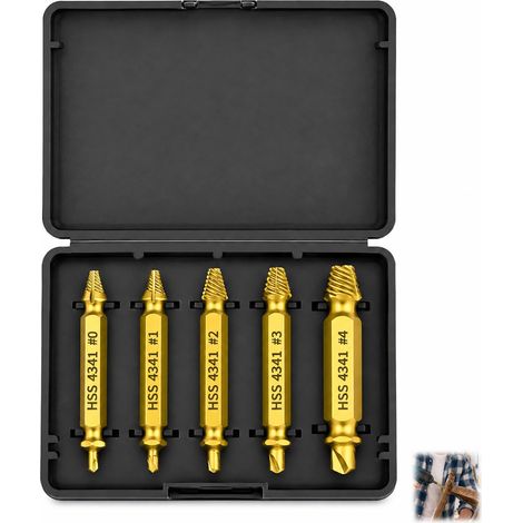 Kit de 5 Extracteurs de Vis Cassées HSS 4341 avec Revêtement Titane, Extracteur Vis Endommagées pour Perceuse et Visseuse, Forets, Outil Retrait Vis Rouillées, Abîmées ou Bloquées (1/5)