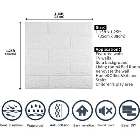 Panneaux muraux 3D adhésifs effet brique (lot de 10) – Panneaux imperméables en mousse de polyéthylène, couvrent 1,35 m², pour décoration intérieure