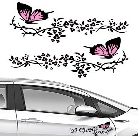 2-Piece Butterfly Car Stickers with Flower and Butterfly Design, for Hoods, Skateboards, Motorcycles, Suitcases, Walls (Black and Pink) (1/5)
