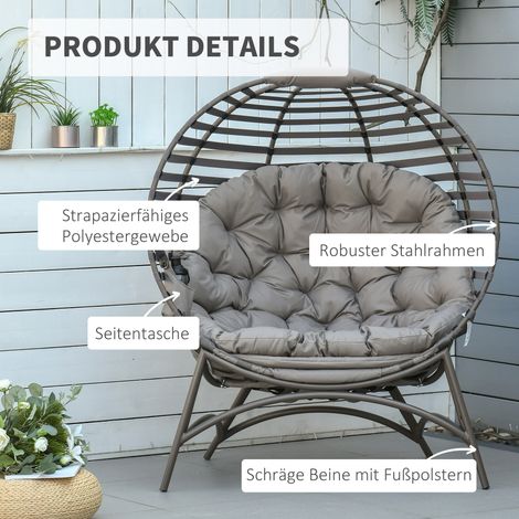 Fauteuil Papasan 2 pièces pliable, fauteuil jardin en rotin avec coussin, chaise lounge ovale, pour balcon terrasse intérieur/extérieur, marron sable, acier, 118x75x139 cm