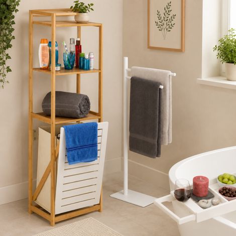 Badezimmer-Aufbewahrungsset (3-teilig) – Badewannenablage, schmale Ablage mit Wäschekorb und Handtuchhalter (1/5)