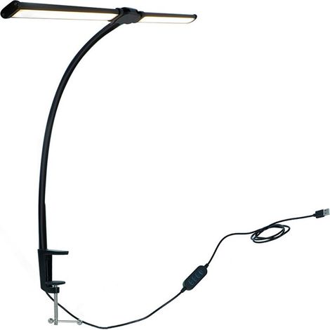 Lampe de bureau LED double tête, 61 cm, pince col de cygne, commande USB et cable, noire (1/5)