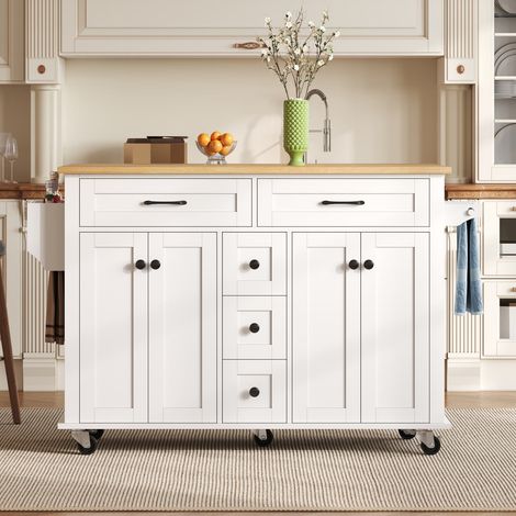 Buffet roulant 120x65 cm avec plateau rabattable, 5 tiroirs, rangements, porte-épices et roulettes (1/5)