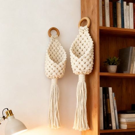 Sac suspendu bohème en forme de larme tissé à la main avec motif de nid d'oiseau, filet pour pot de fleurs en corde de coton, sac de rangement mural de style scandinave, 2 pièces (1045cm) (1/2)