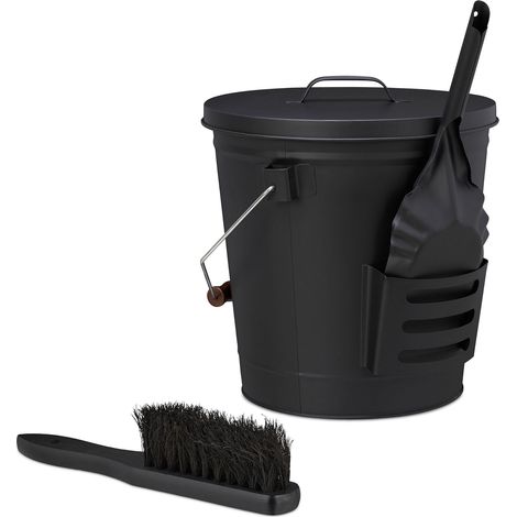 Relaxdays Ascheeimer mit Deckel und Kehrset, 19 L, inkl. Aschebesen & Kaminschaufel, Aschebehälter mit Henkel, schwarz